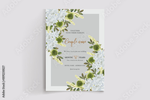 WEDDING INVITATION FRAME WITH FLOWER DECORATIONS AND FRESH LEAVES
