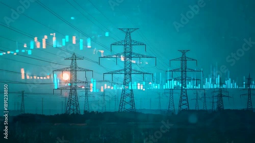 Electric power grid with transmission towers and glowing energy flow across industrial landscape under misty night atmosphere