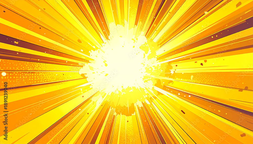 Fototapeta premium Explosive yellow and orange starburst with bright white core and scattered dots abstract
