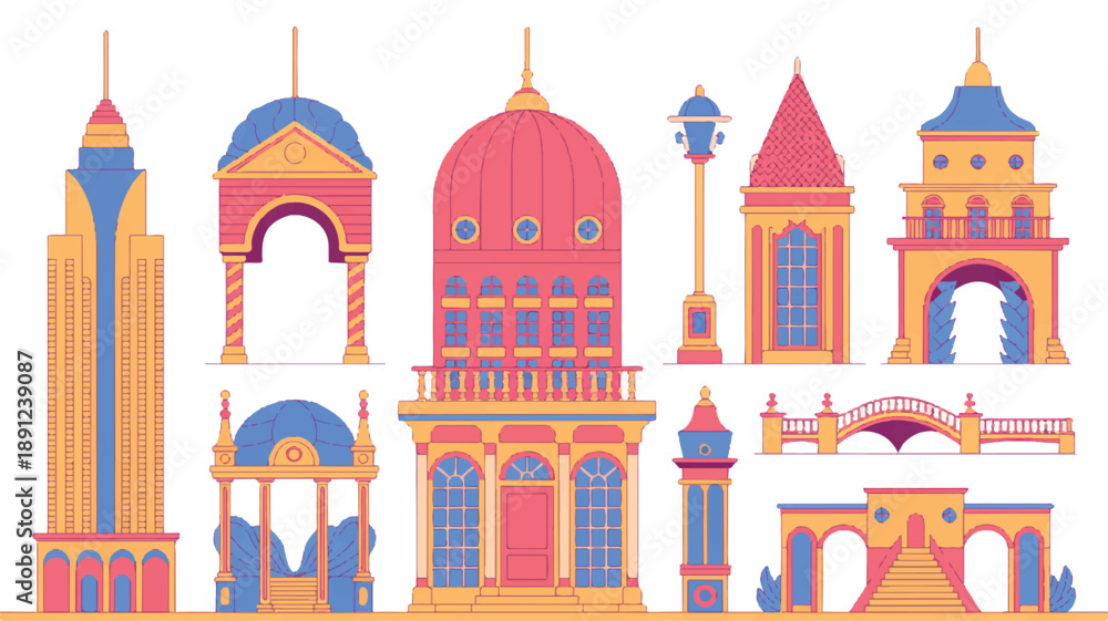 Naklejka premium Luxury city architecture elements, geometric design with bold outlines and colorful silhouettes.