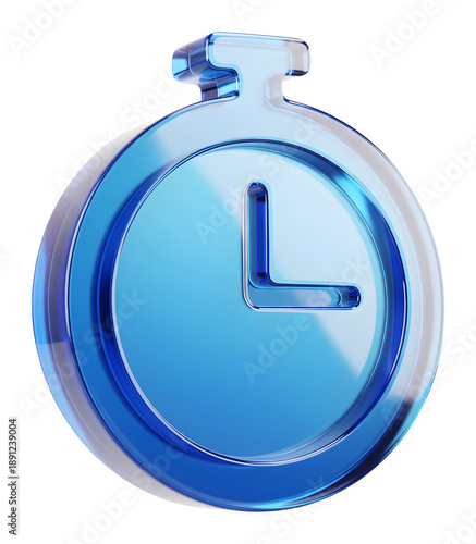 3D Blue Glass Stopwatch Icon, Glossy Timer Symbol, Modern Speed Element, Crystal Countdown Sign, High Quality Render, Sport Design, Deadline Graphic