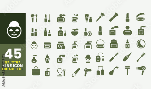 Collection of forty five green line icons representing various fruits plants and skincare elements design