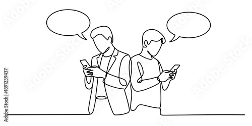 Continuous line drawing of two men texting on smartphones with speech bubbles Vector, illustration