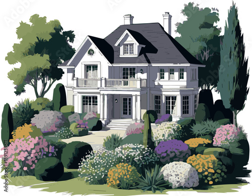 Create a realistic Luxurious residential house with a big beautiful garden with blooming flowers and bushes vector art with white background.