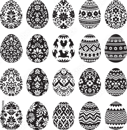 An elegant Easter egg silhouette featuring a detailed hand-drawn rose floral pattern in line art style