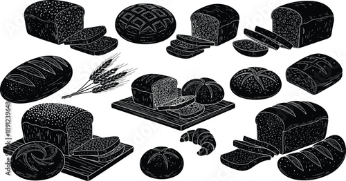Assorted bakery collection with hand drawn black silhouettes of bread loaves wheat stalks and croissant for bakery shop menu design
