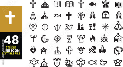 Collection of 48 Christian line icons depicting faith religion and worship symbols