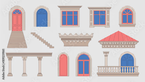 Minimalist luxury architectural components vector collection, featuring elegant line art, bold outlines, and colorful silhouettes on white.