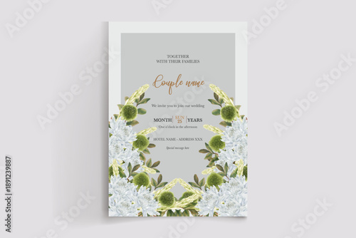 WEDDING INVITATION FRAME WITH FLOWER DECORATIONS AND FRESH LEAVES
