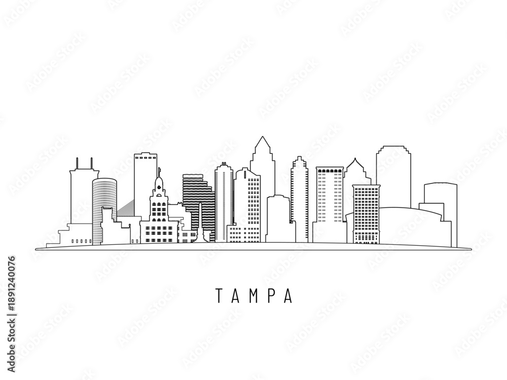 Obraz premium Detailed Tampa skyline vector illustration. Tampa FL buildings in line art style, perfect for modern designs.