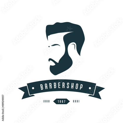 Stylized bearded man icon representing modern barbershop vibe with ribbon and vintage year.