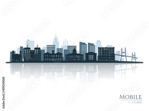 Mobile skyline silhouette with reflection. Landscape Mobile, AL. Vector illustration.