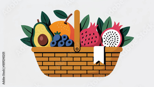 Minimal vector fruit basket set featuring fresh apples, bananas, grapes, and berries in a clean, modern style on white.
