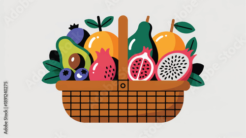 Minimalist vector fruit basket set with diverse fruits, presented in a clean, modern style and isolated on a white background.