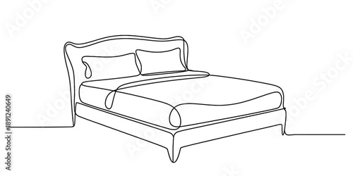 Continuous line drawing of a double bed with pillows for bedroom interior design inspiration Vector, illustration