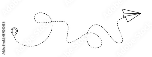 Paper airplane, path travel route with start point and dash line trace for plan vector illustration