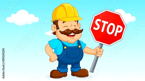 Cartoon Construction Worker Holding Stop Sign Animation.