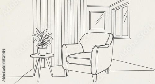 Cozy armchair and plant in a sketched room interior.