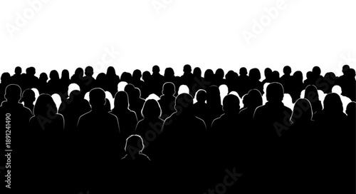 Large Crowd of People Silhouetted Against Bright White Background.