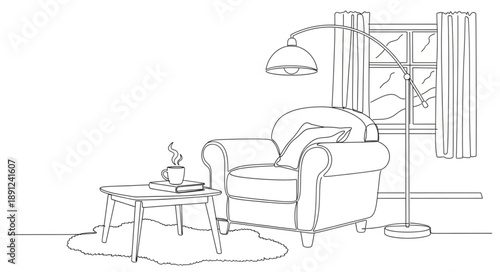 Cozy armchair with blanket and side table illustration.