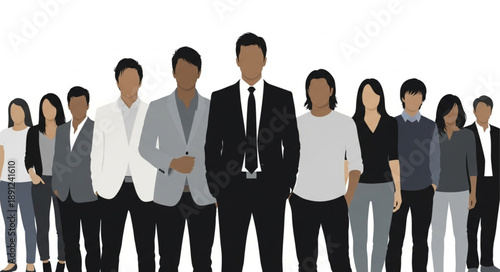 Diverse group of professionals standing together in a line.