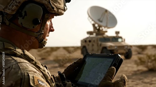 Soldier operating tablet with military vehicle and satellite dish in background