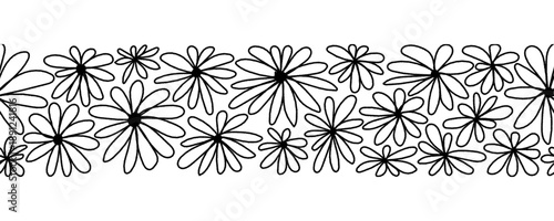 Brush drawn floral seamless border. Monochrome floral horizontal pattern. Cute seasonal print with ink daisies. Great for greeting card, invitation, banner or poster
