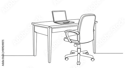 Minimalist Desk and Office Chair with Laptop Illustration.