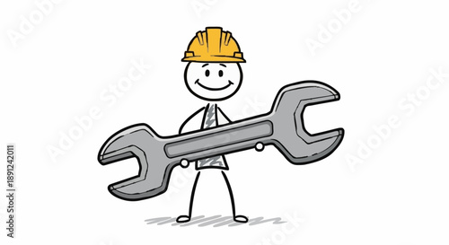 Cartoon stick figure construction worker holding a large wrench tool.