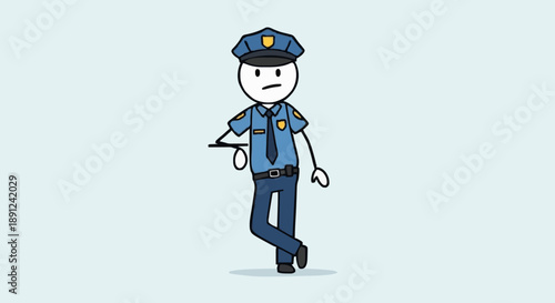 Cartoon Stick Figure Police Officer Standing and Leaning.