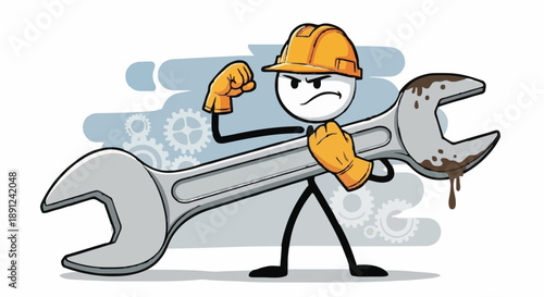 Cartoon stick figure mechanic holding a large wrench.