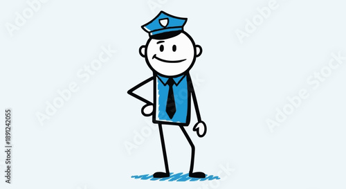 Cartoon Stick Figure Police Officer Standing Confidently.
