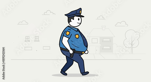 Cartoon police officer walking in uniform with a badge.