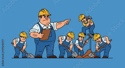 Construction Team Leader Directing Workers Building Site Concept.