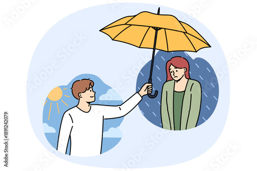 Friendly support and psychological help for woman, from man holding out umbrella. Successful guy saves depressed girl and provides support to restore mental health and combat stress.