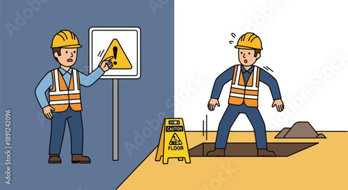 Construction Worker Safety Hazard Warning Open Hole Workplace Danger.