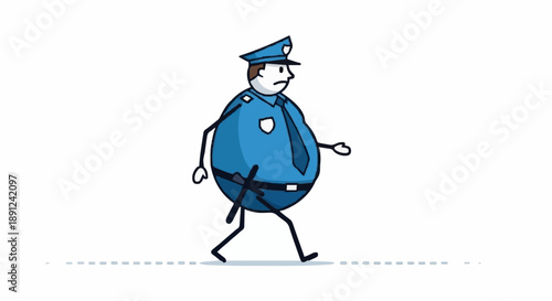 Cartoon Police Officer Walking Uniform Hat Badge.