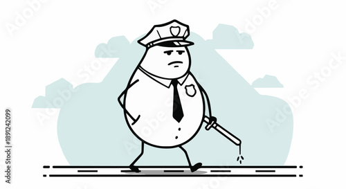 Cartoon Police Officer Walking with Baton.