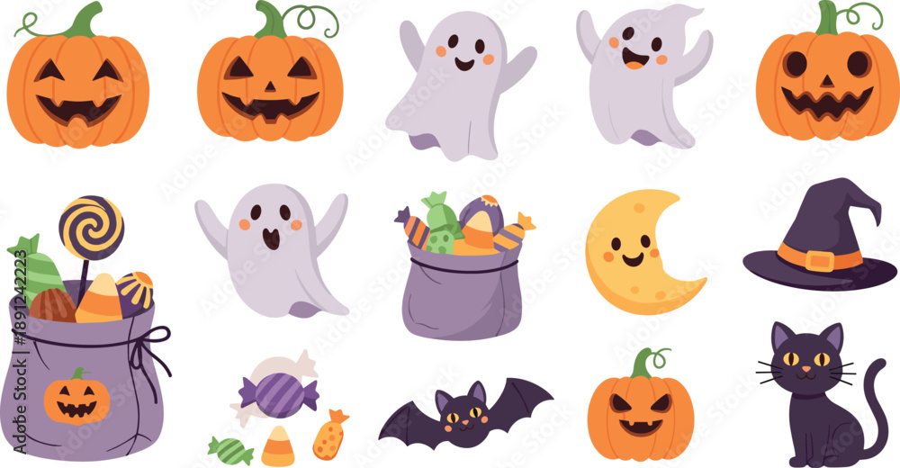 Obraz premium Halloween icons including pumpkins ghosts candy and spooky animals for festive designs