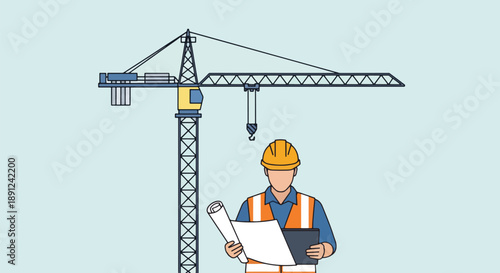 Construction Worker with Blueprint at Construction Site Crane.