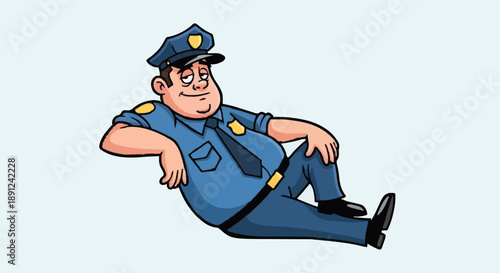 Cartoon Policeman Relaxing on Light Blue Background.