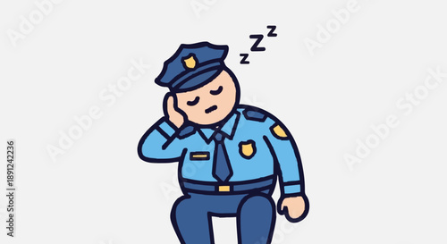 Cartoon policeman sleeping on duty exhausted officer resting.