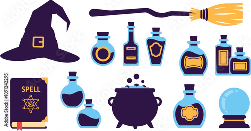 Magical witchcraft items for spooky Halloween decorations and mystical themes