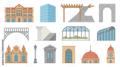 Premium mixed architecture elements vector illustration mockup, simple clean design with sharp edges and bold contour lines in vibrant colors.