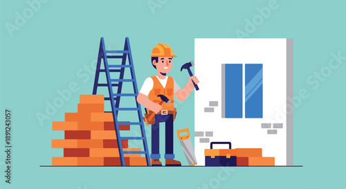 Construction Worker Building Wall with Bricks and Tools House Repair.