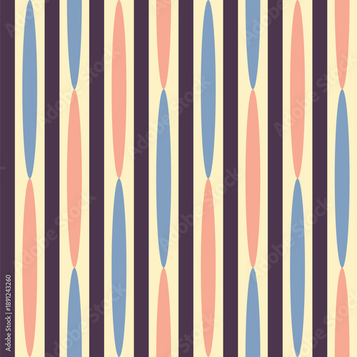 Pattern created from rows of vertical elongated peach and blue ovals on a cream background divided by dark purple stripes