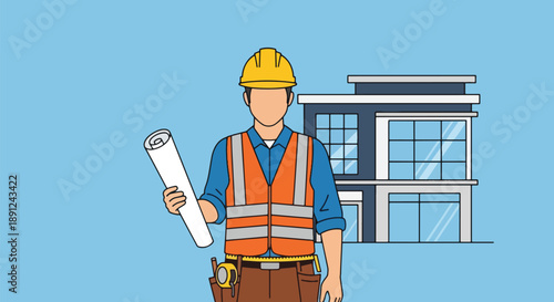 Construction Worker Architect with Building Plan Modern Office in Background.