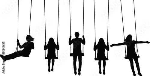 Silhouetted children swinging, playful motion, minimalist art, black figures on white, joyful movement, symmetry, outdoor fun, abstract swing scene