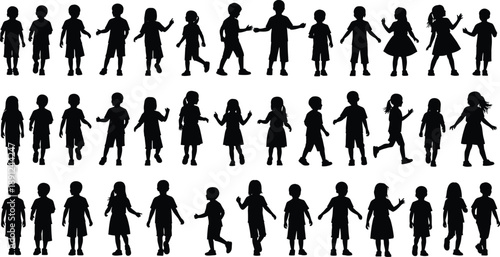 Large Set of Diverse Children Silhouettes Playing Standing and Dancing Isolated on White Background for School Education Childhood Youth and Creative Graphic Design Projects