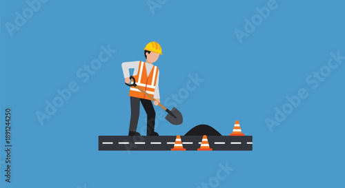 Road Construction Worker Digging with Shovel Roadwork Safety Vector.
